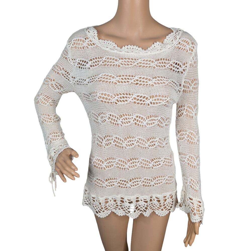 Vintage Joseph A Ivory Open Crochet Knit Sweater Scalloped Pointelle Coquette L